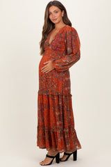 Orange Floral Chiffon V-Neck Long Sleeve Maternity Maxi Dress