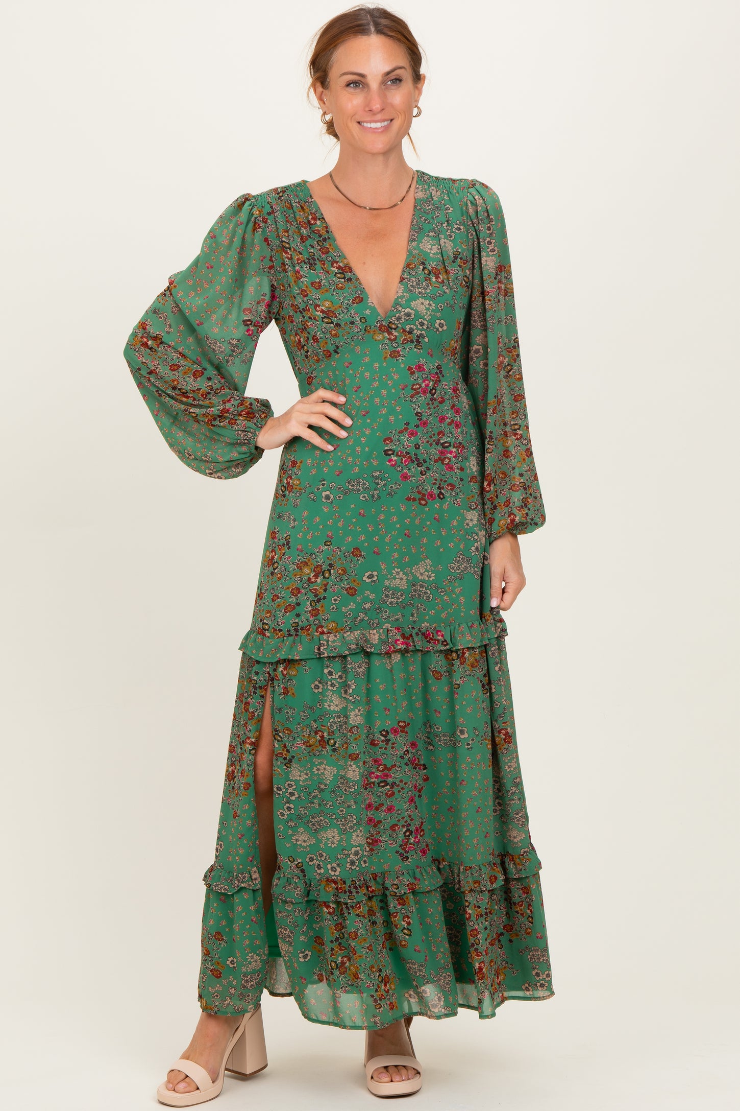 Green Floral Chiffon V-Neck Long Sleeve Maternity Maxi Dress