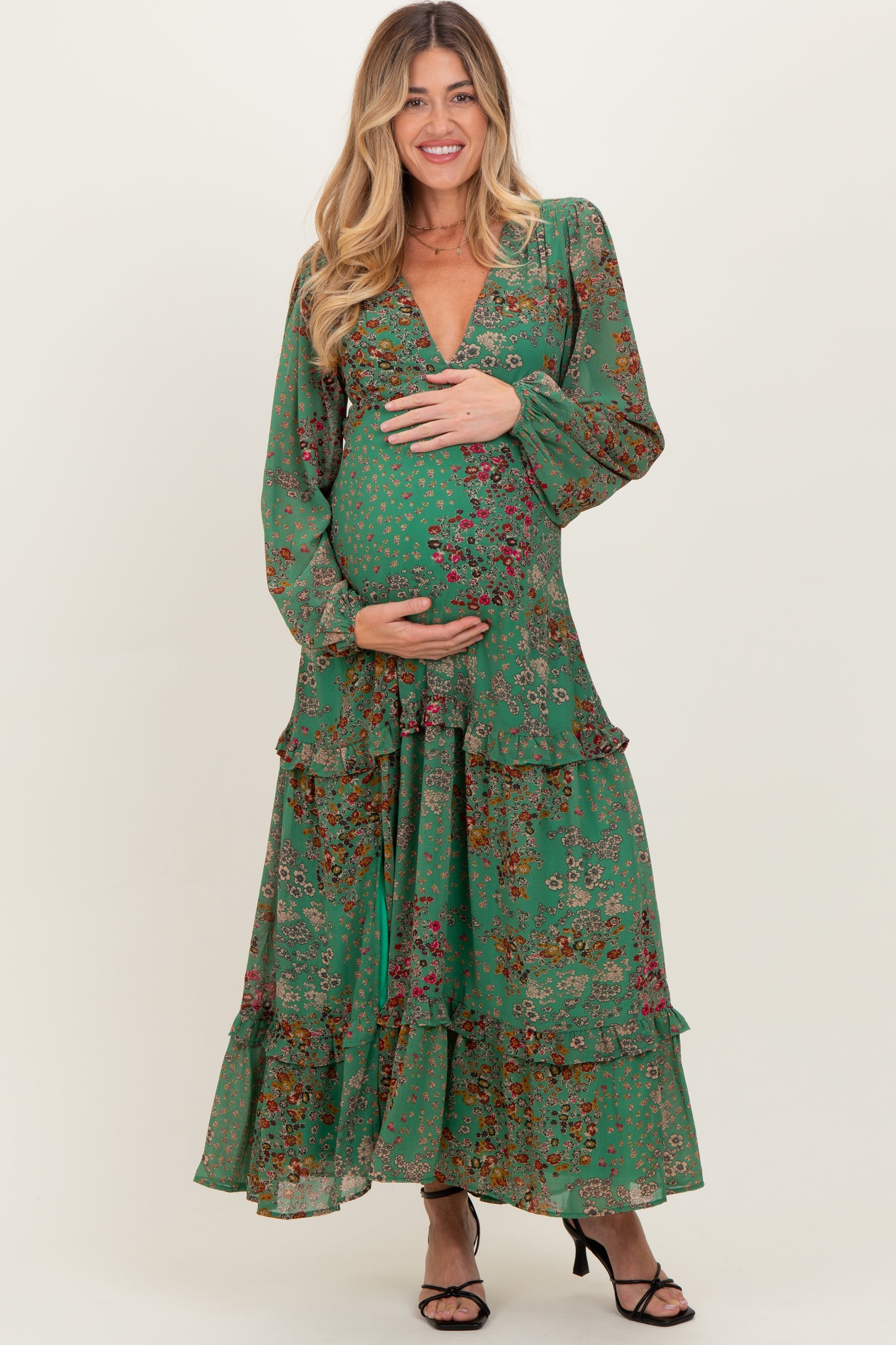 Green Floral Chiffon V-Neck Long Sleeve Maternity Maxi Dress PinkBlush Green Floral Chiffon V-Neck Long Sleeve Maternity Maxi Dress PinkBlush