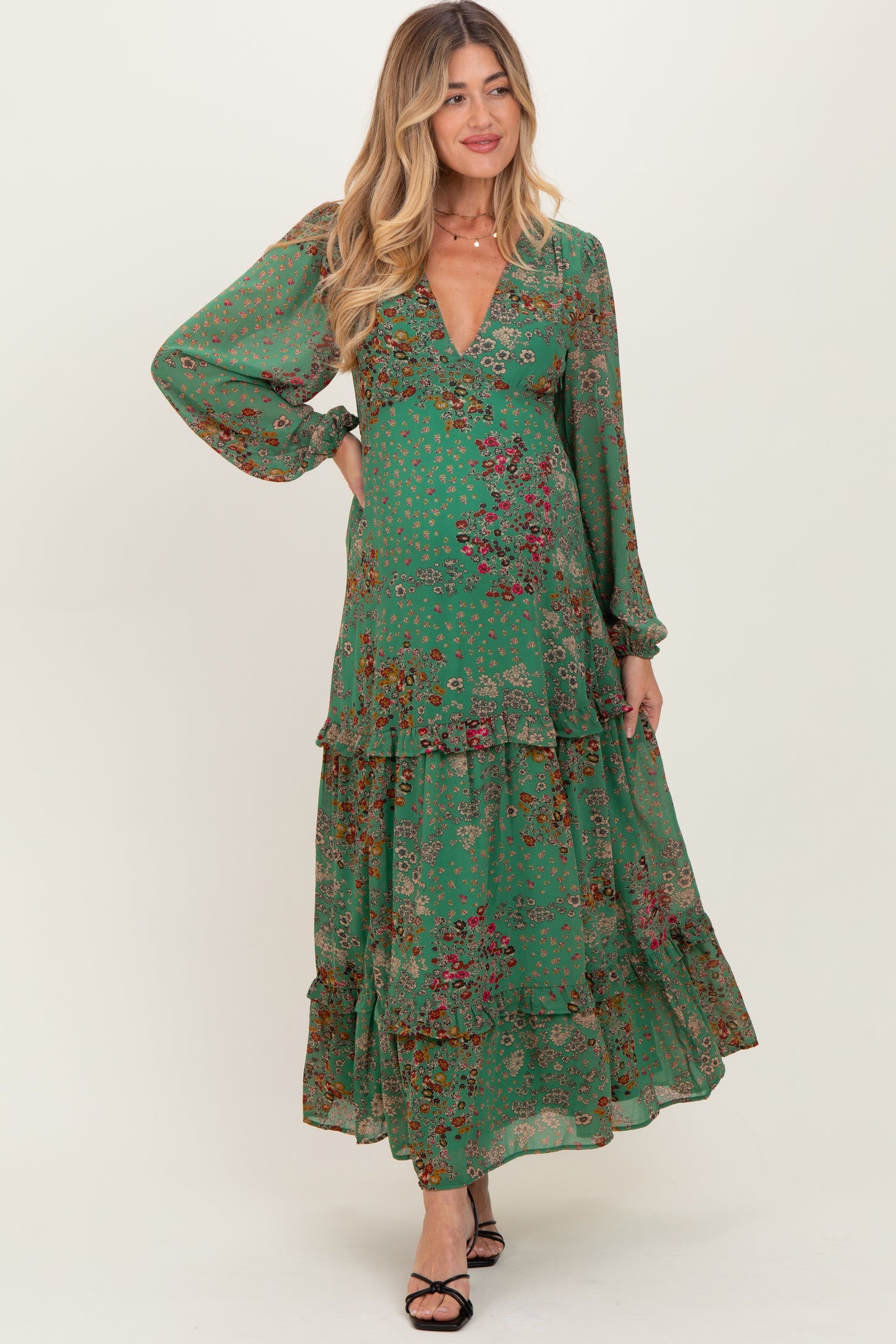 green floral vibing maxi dress Emerald Green Dress - Floral Print Dress - Surplice Maxi Dress