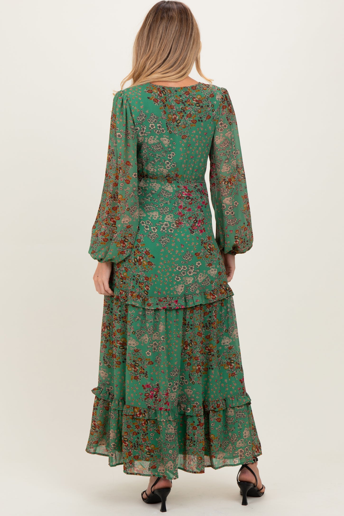 Green Floral Chiffon V-Neck Long Sleeve Maternity Maxi Dress Green Floral Chiffon V-Neck Long Sleeve Maternity Maxi Dress