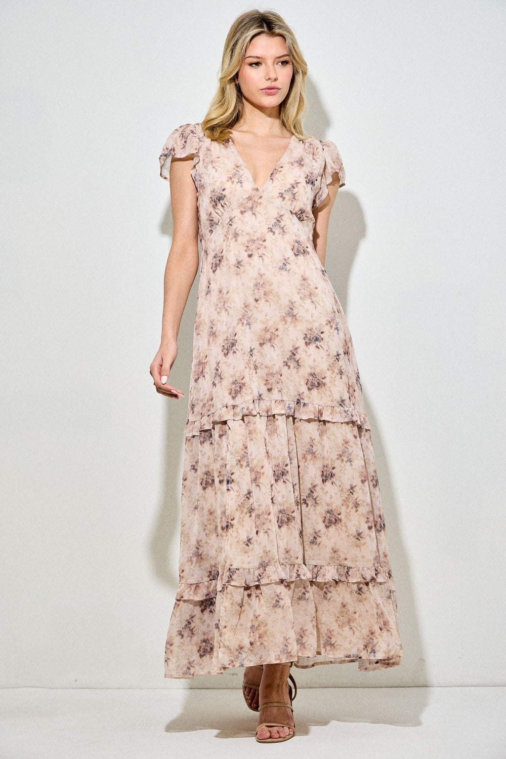 Peach Abstract Print Ruffle Trim Maternity Maxi Dress