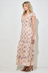 Peach Abstract Print Ruffle Trim Maxi Dress