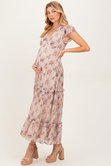 Peach Abstract Print Ruffle Trim Maternity Maxi Dress