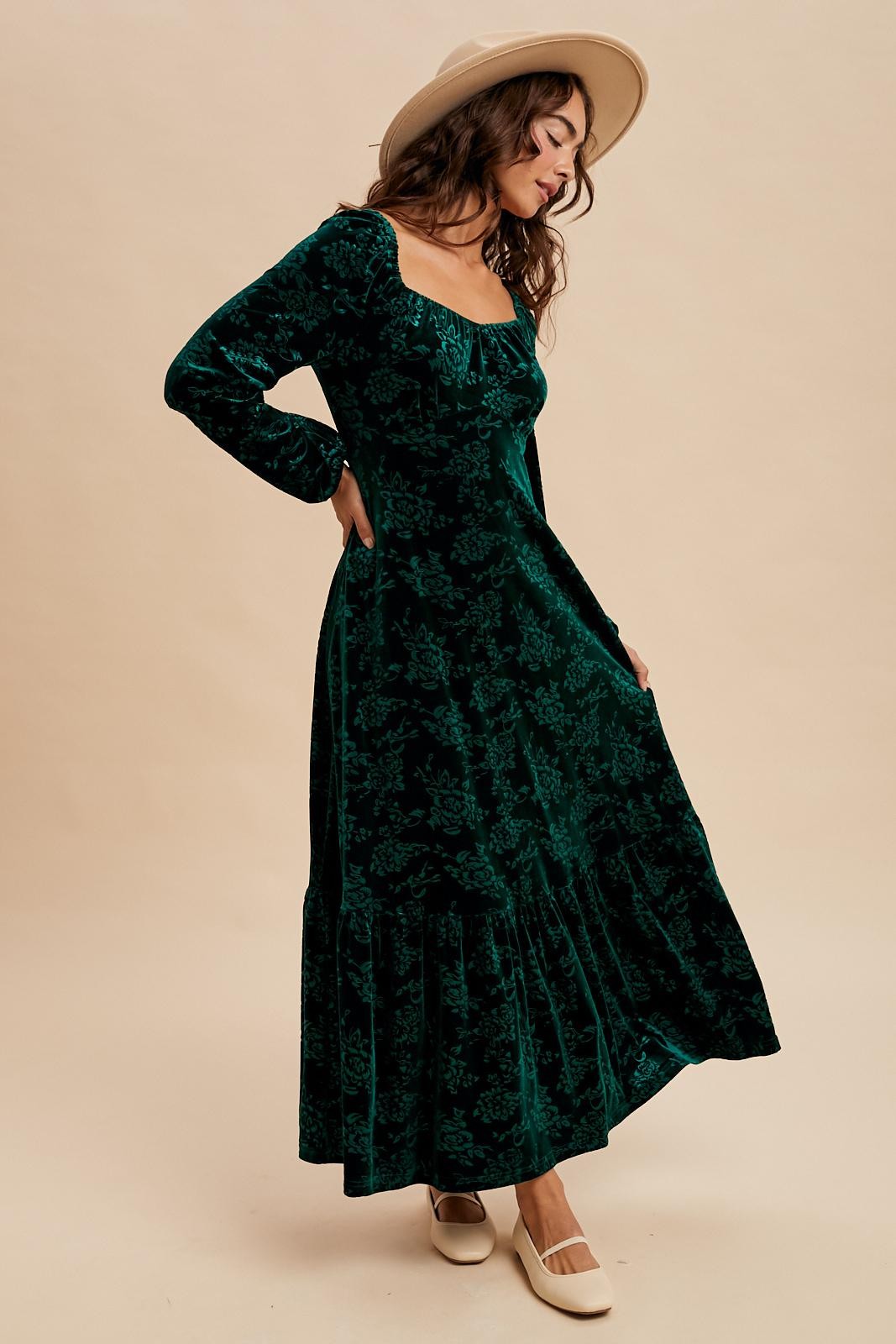 Emerald Green Velvet Jacquard Floral Maxi Dress