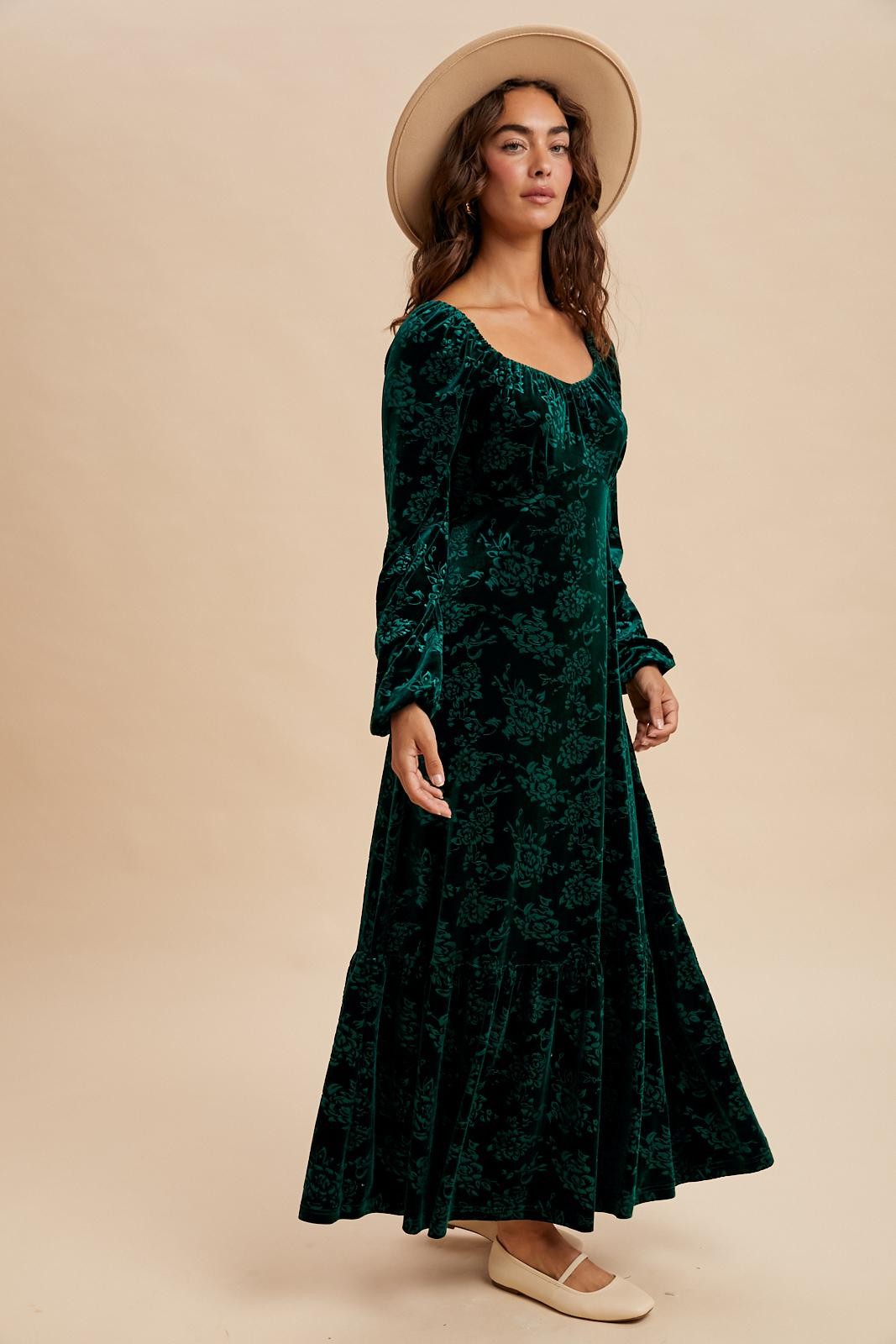 Emerald Green Velvet Jacquard Floral Maxi Dress