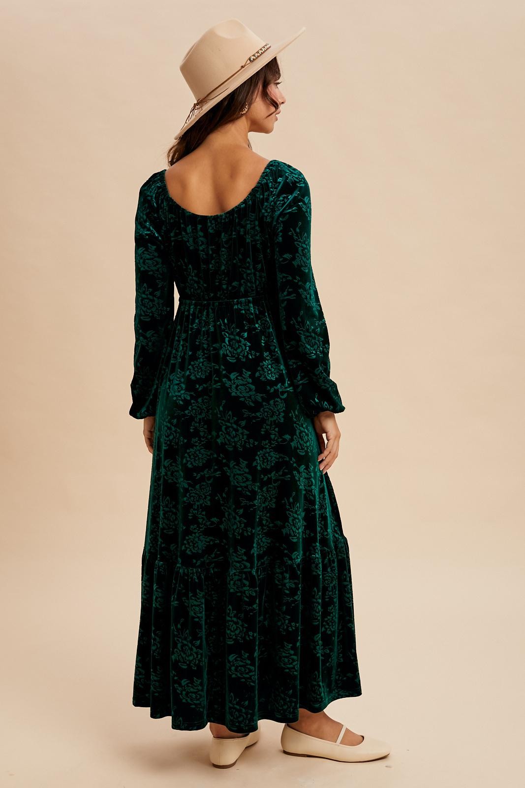 Emerald Green Velvet Jacquard Floral Maxi Dress PinkBlush Emerald Green Velvet Jacquard Floral Maxi Dress PinkBlush