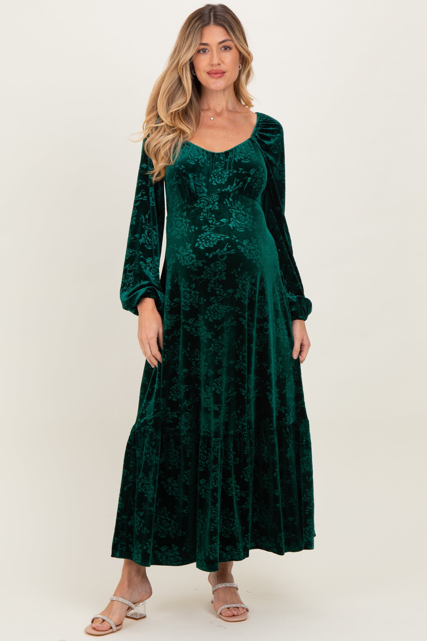 Emerald Green Velvet Jacquard Floral Maternity Maxi Dress