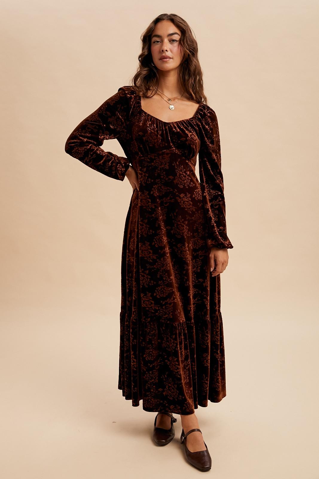 Brown Velvet Jacquard Floral Maxi Dress Brown Velvet Jacquard Floral Maxi Dress
