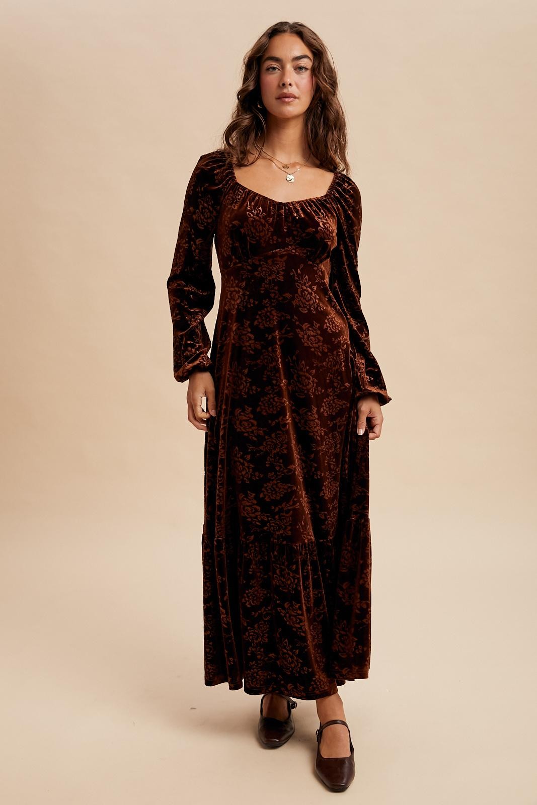 Brown Velvet Jacquard Floral Maxi Dress