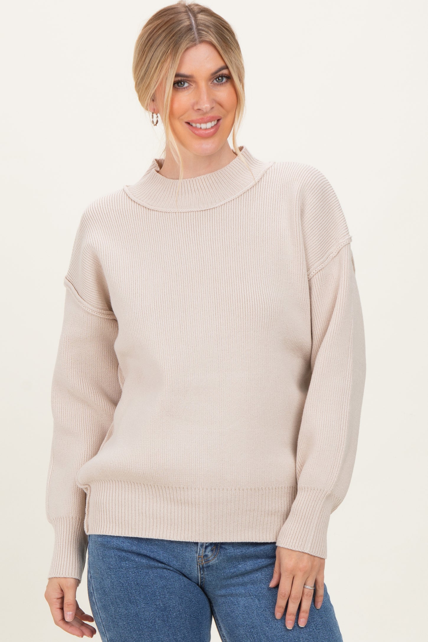 Beige Wide Neck Drop Shoulder Maternity Sweater