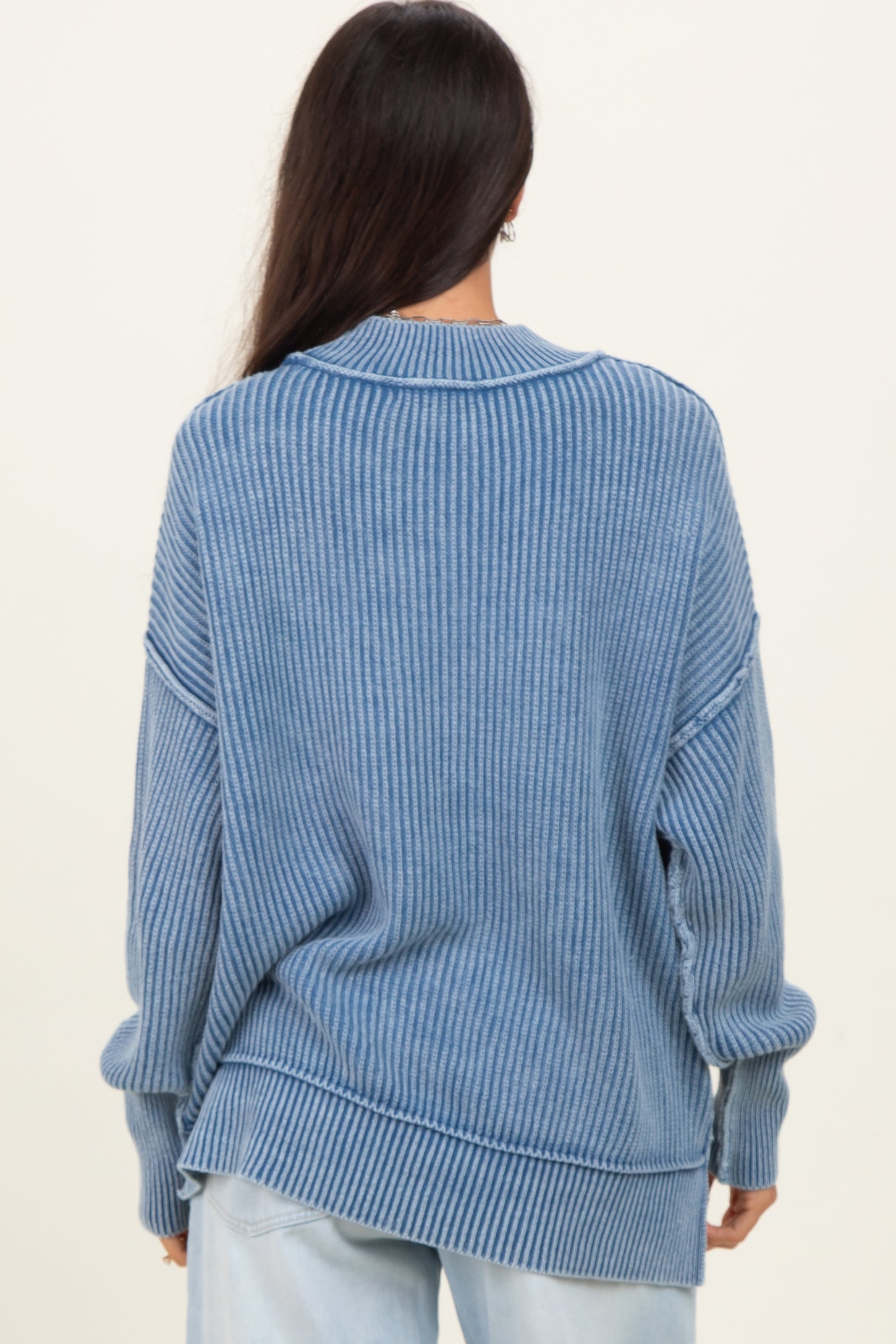 Classic Blue Washed Side Slit Oversized Sweater