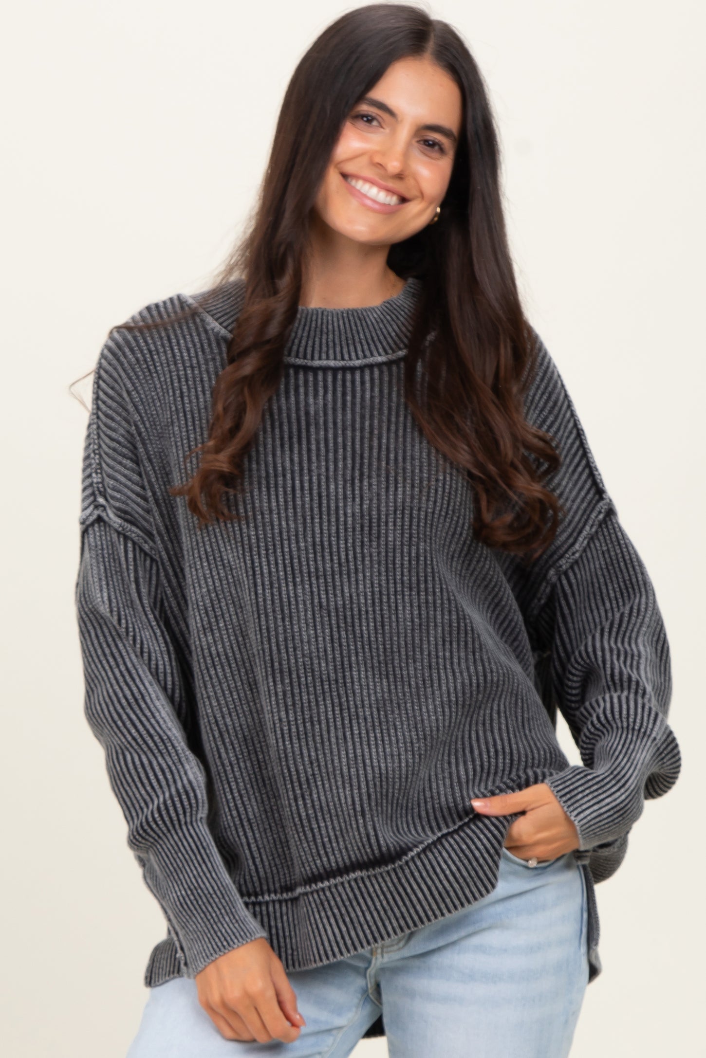 Black Washed Side Slit Oversized Sweater