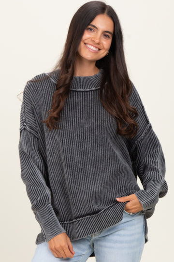 Black Washed Side Slit Oversized Sweater