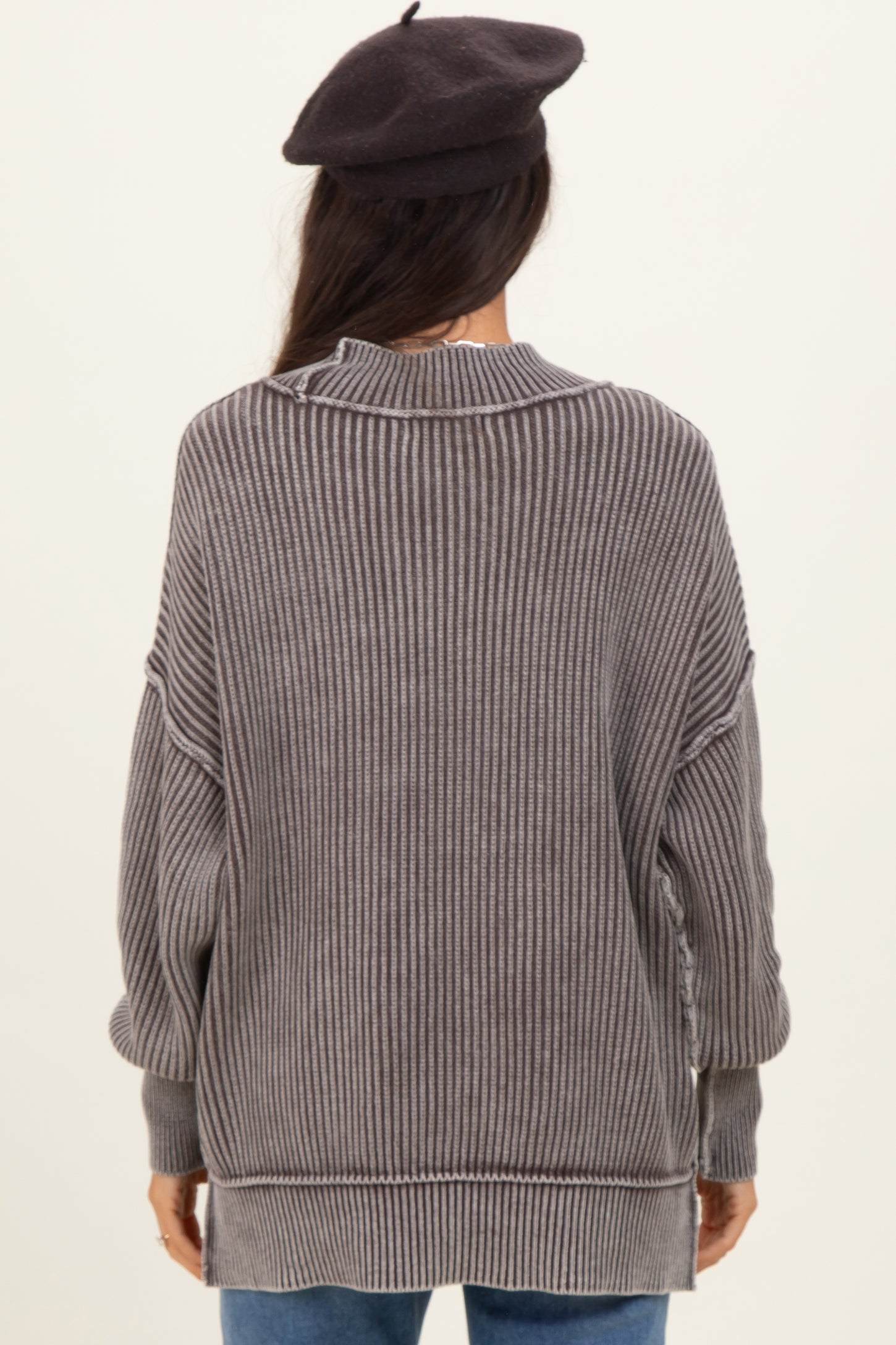 Brown Washed Side Slit Oversized Sweater