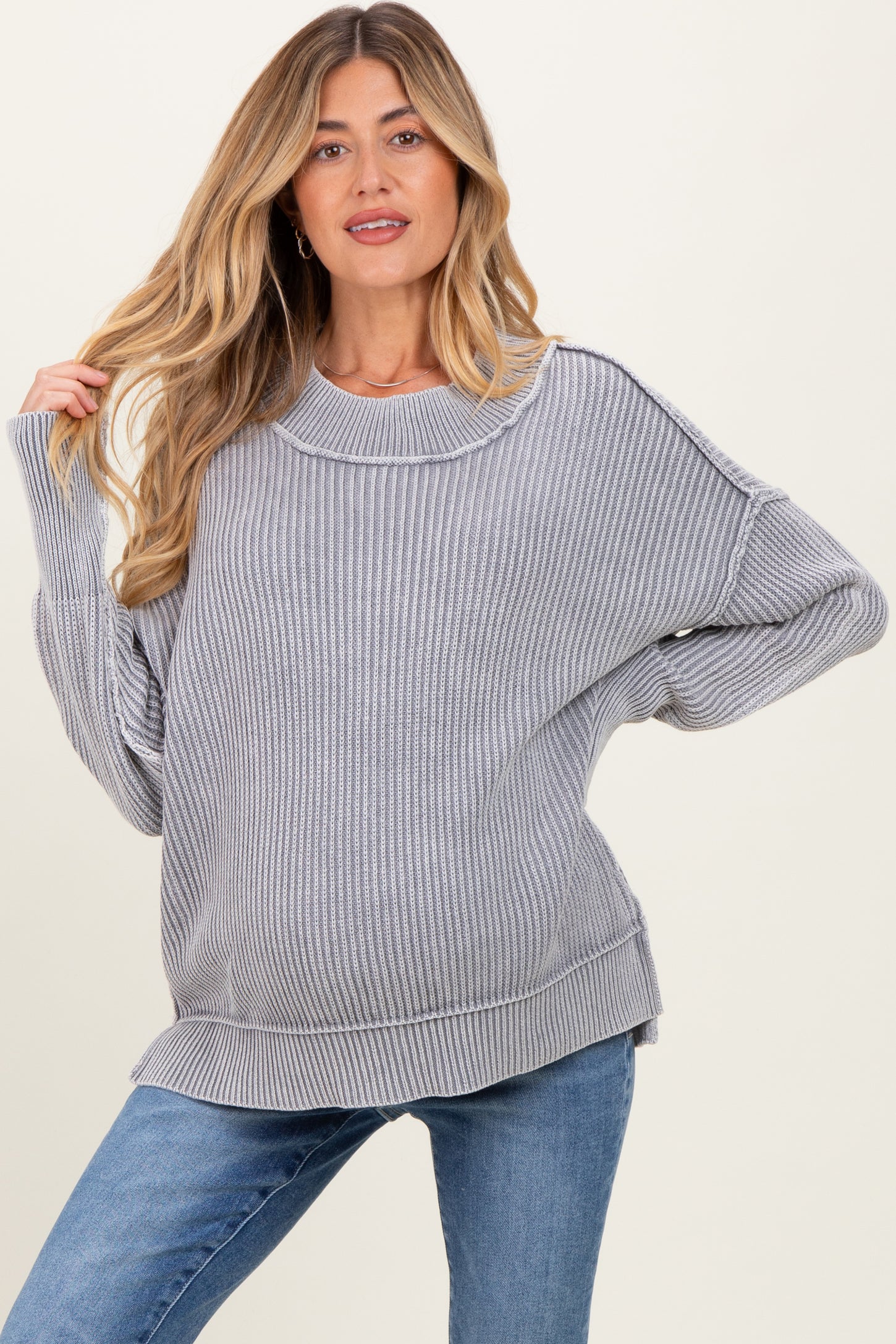 Grey Washed Side Slit Oversized Maternity Sweater