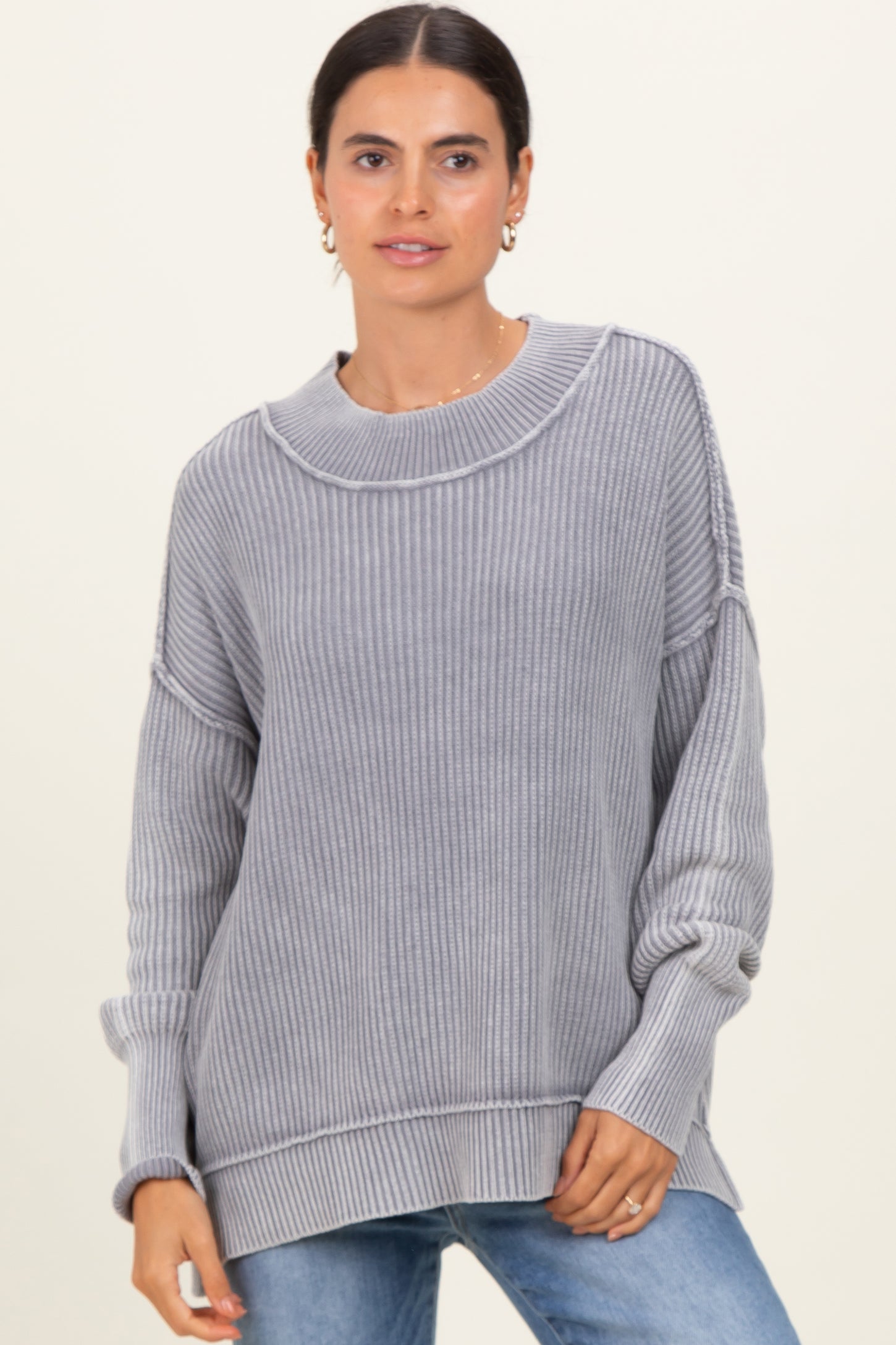 Grey Washed Side Slit Oversized Sweater