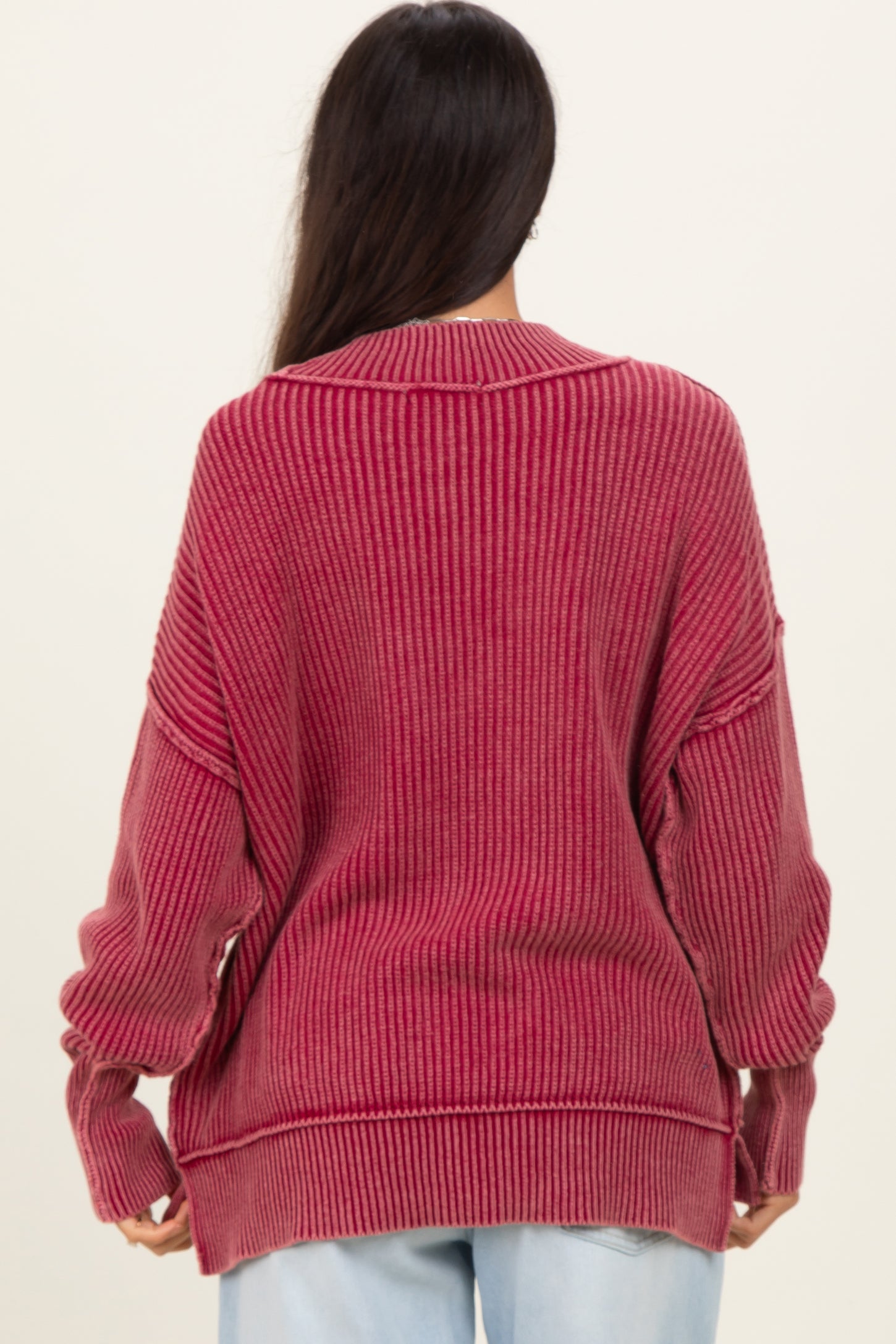Burgundy Washed Side Slit Oversized Sweater