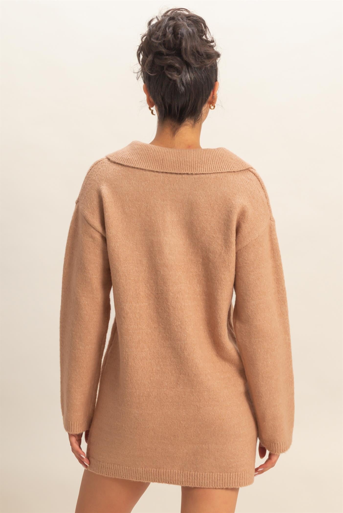 Camel Long Sleeve Polo Sweater Dress