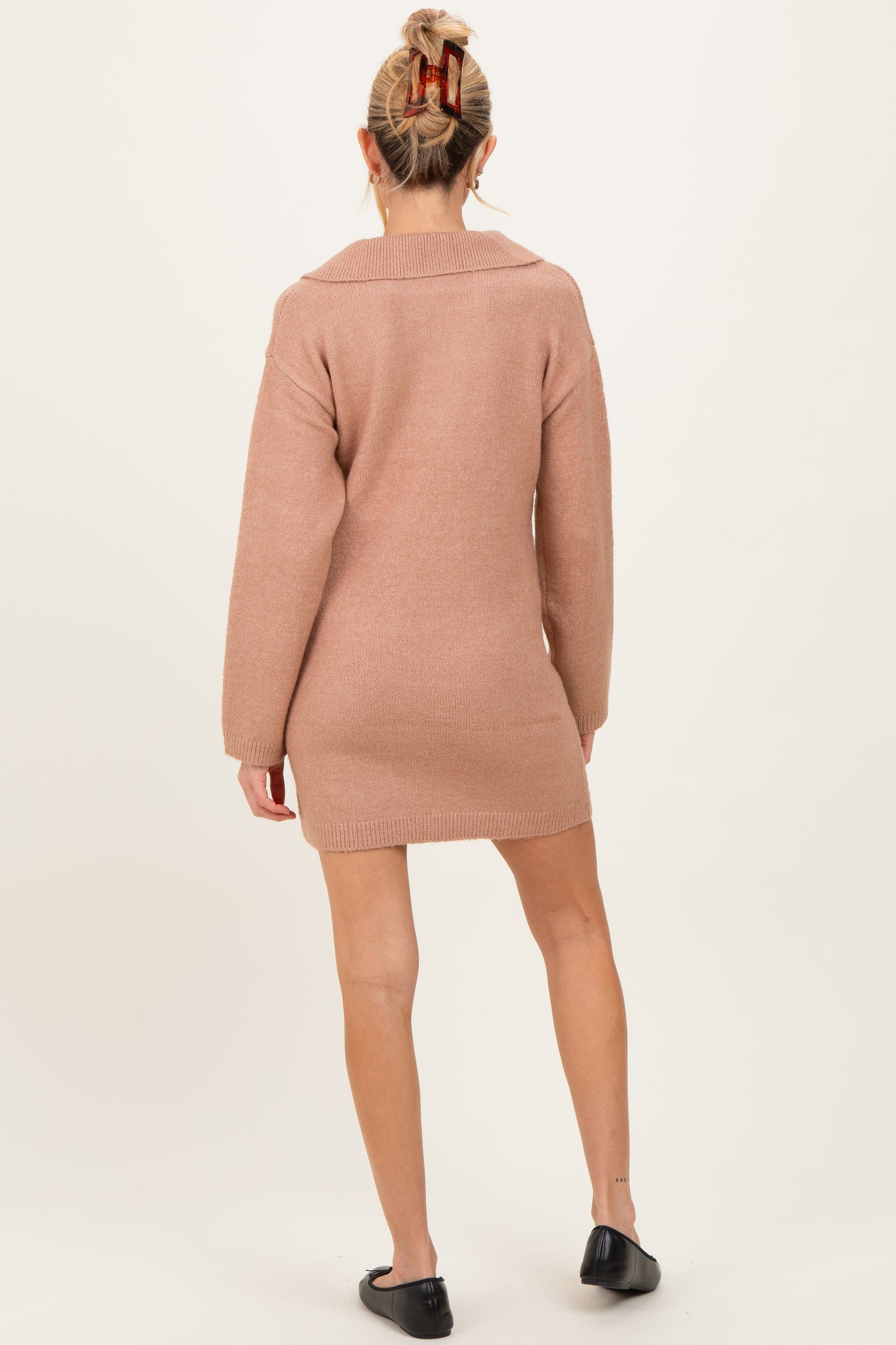 Camel Long Sleeve Polo Maternity Sweater Dress