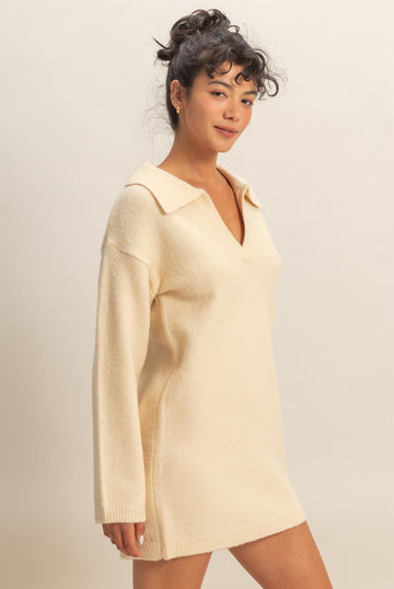 Cream Long Sleeve Polo Sweater Dress