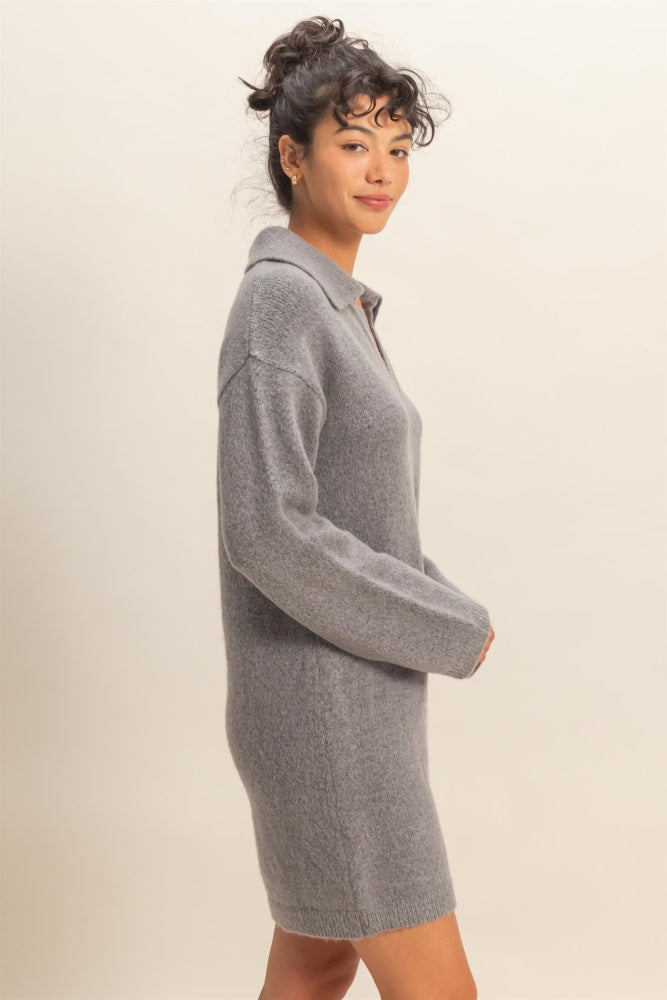 Heather Grey Long Sleeve Polo Sweater Dress