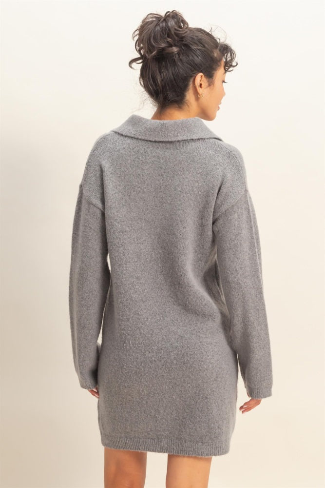 Heather Grey Long Sleeve Polo Sweater Dress