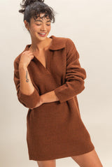 Brown Long Sleeve Polo Sweater Dress
