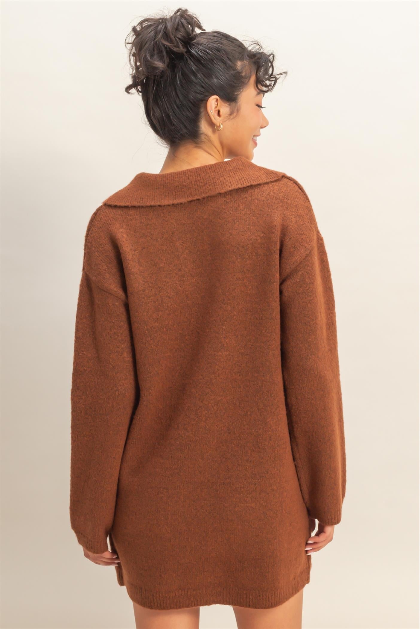 Brown Long Sleeve Polo Sweater Dress