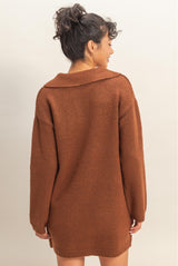 Brown Long Sleeve Polo Sweater Dress