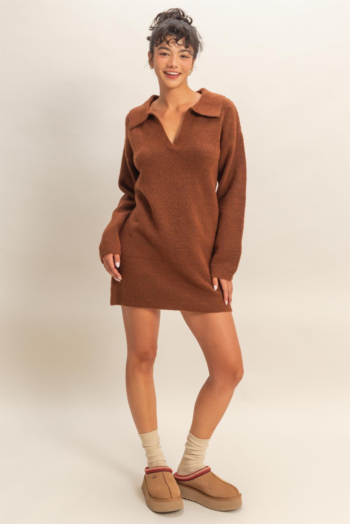 Brown Long Sleeve Polo Sweater Dress