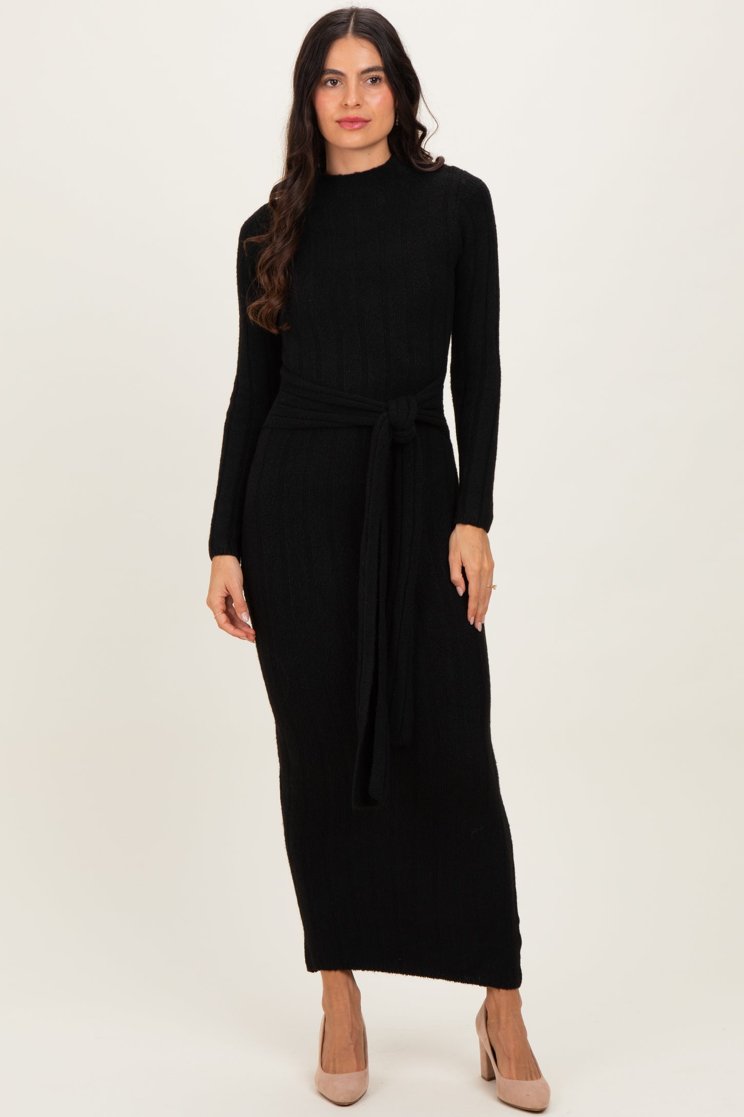 Black Ribbed Front Tie Maternity Maxi Sweater Dress