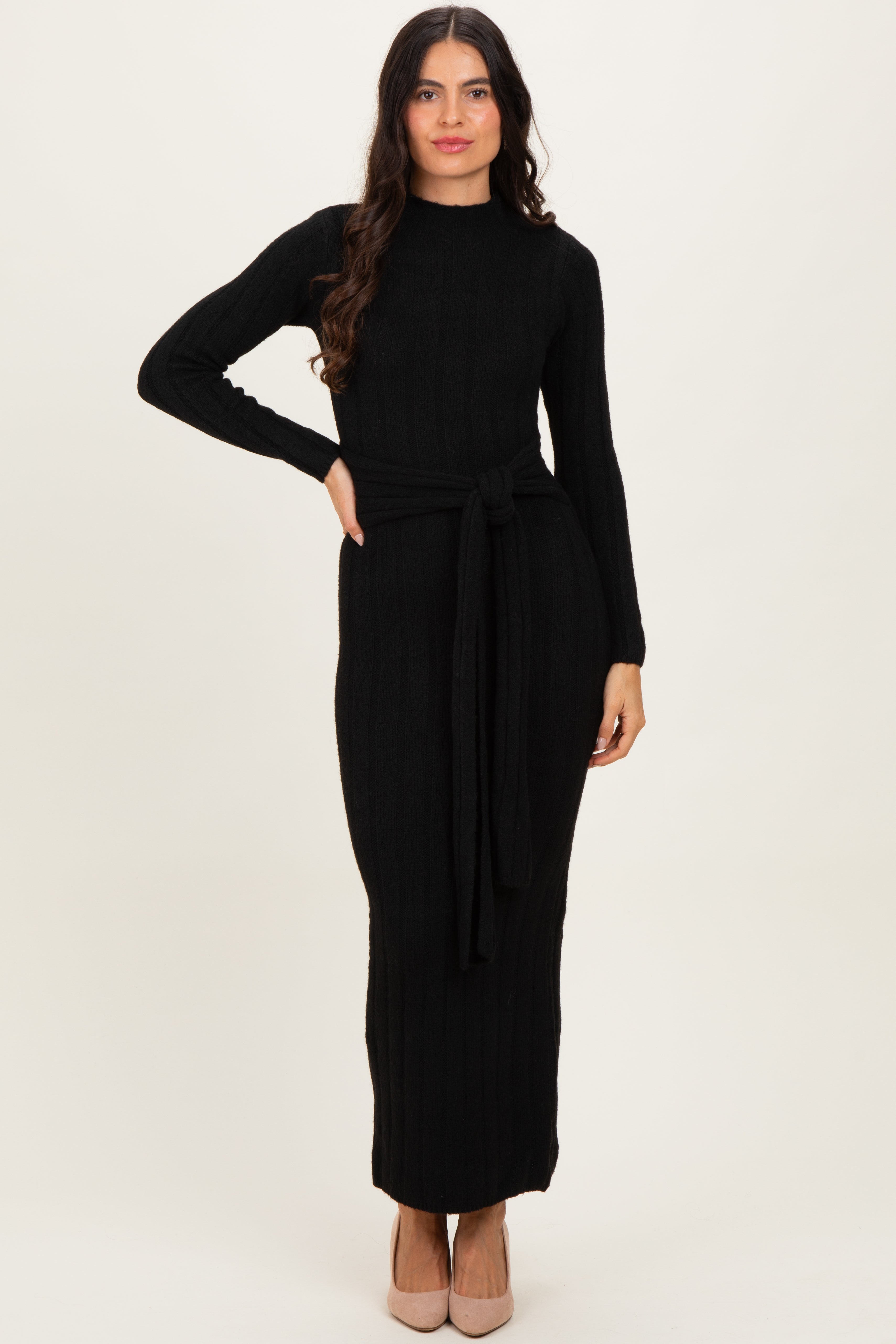 black maxi sweater dress Ribbed Front Tie Belt Stock:Ready-to-Ship statement dress Adelina Sweater Mini Dress Straight hem