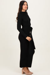 Black Ribbed Front Tie Maxi Sweater Dress