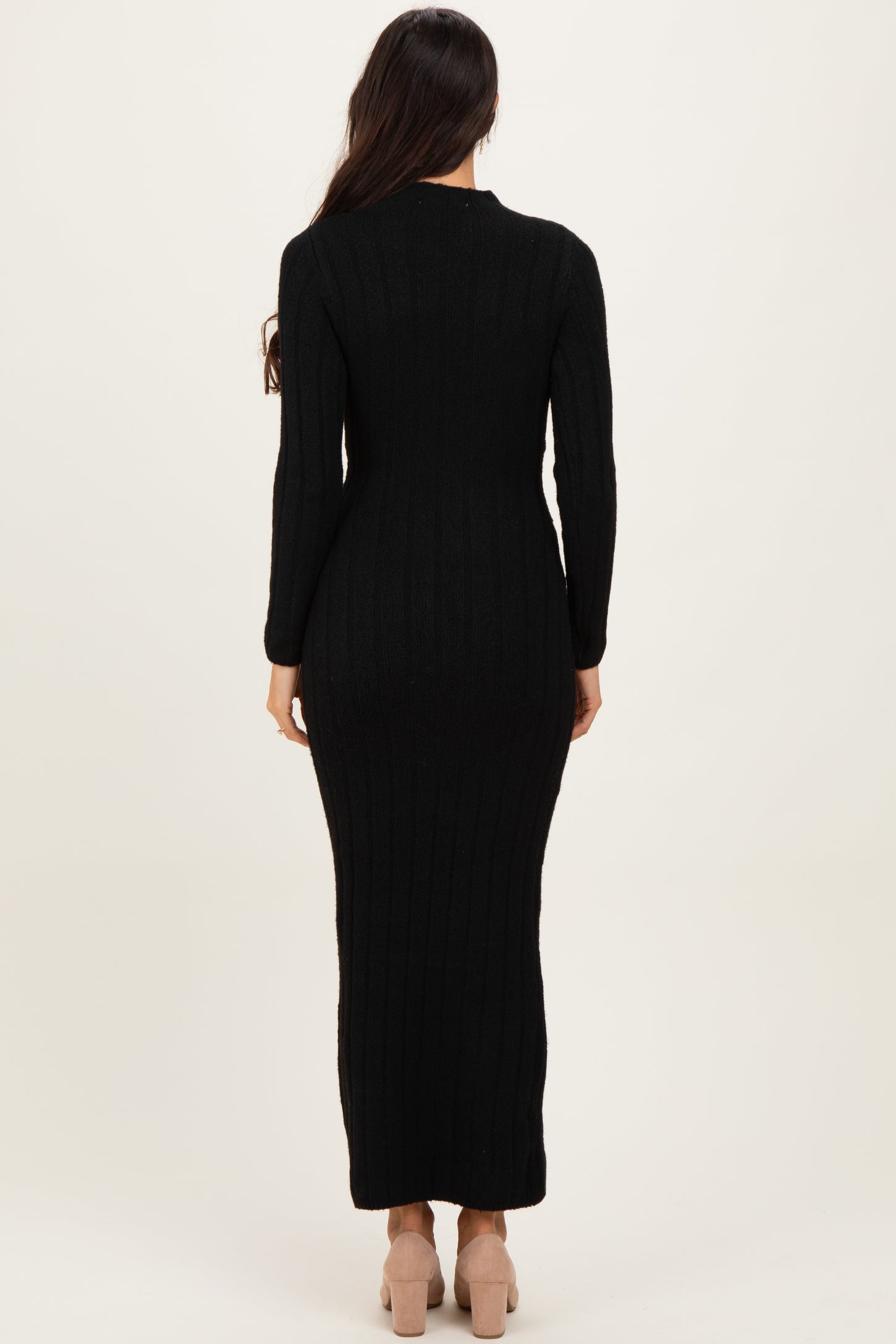 Black Ribbed Front Tie Maxi Sweater Dress