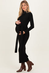 Black Ribbed Front Tie Maternity Maxi Sweater Dress