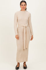 Cream Ribbed Front Tie Maxi Sweater Dress