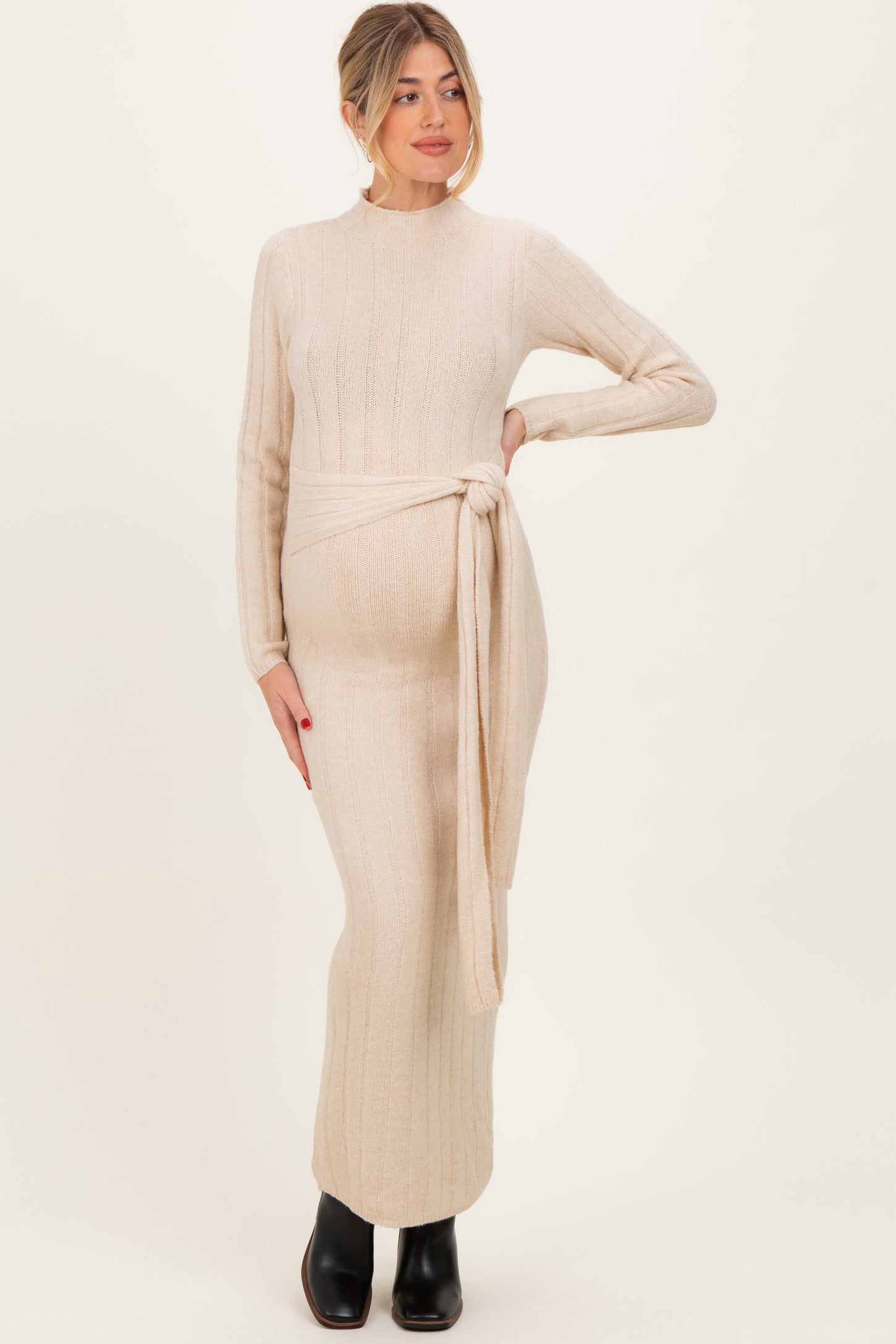 Cream Ribbed Front Tie Maternity Maxi Sweater Dress – PinkBlush
