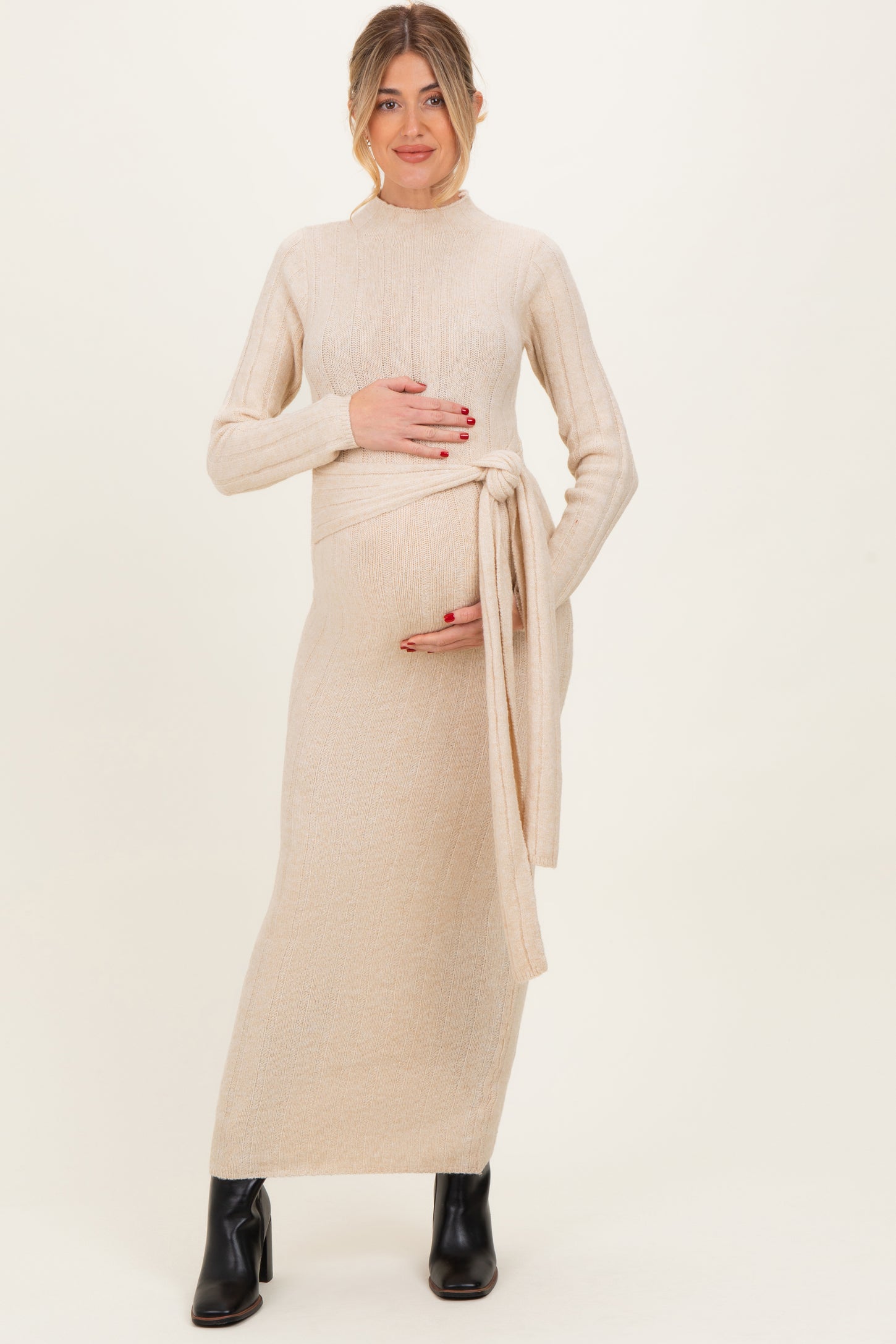 Cream Ribbed Front Tie Maternity Maxi Sweater Dress PinkBlush Cream Ribbed Front Tie Maternity Maxi Sweater Dress PinkBlush