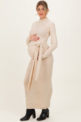 Cream Ribbed Front Tie Maternity Maxi Sweater Dress