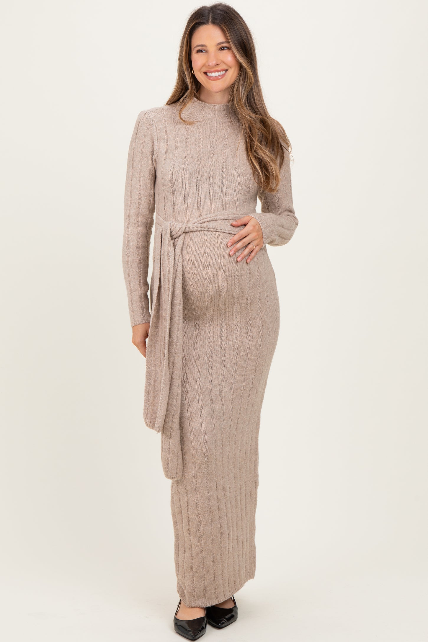 Beige Ribbed Front Tie Maternity Maxi Sweater Dress Beige Ribbed Front Tie Maternity Maxi Sweater Dress