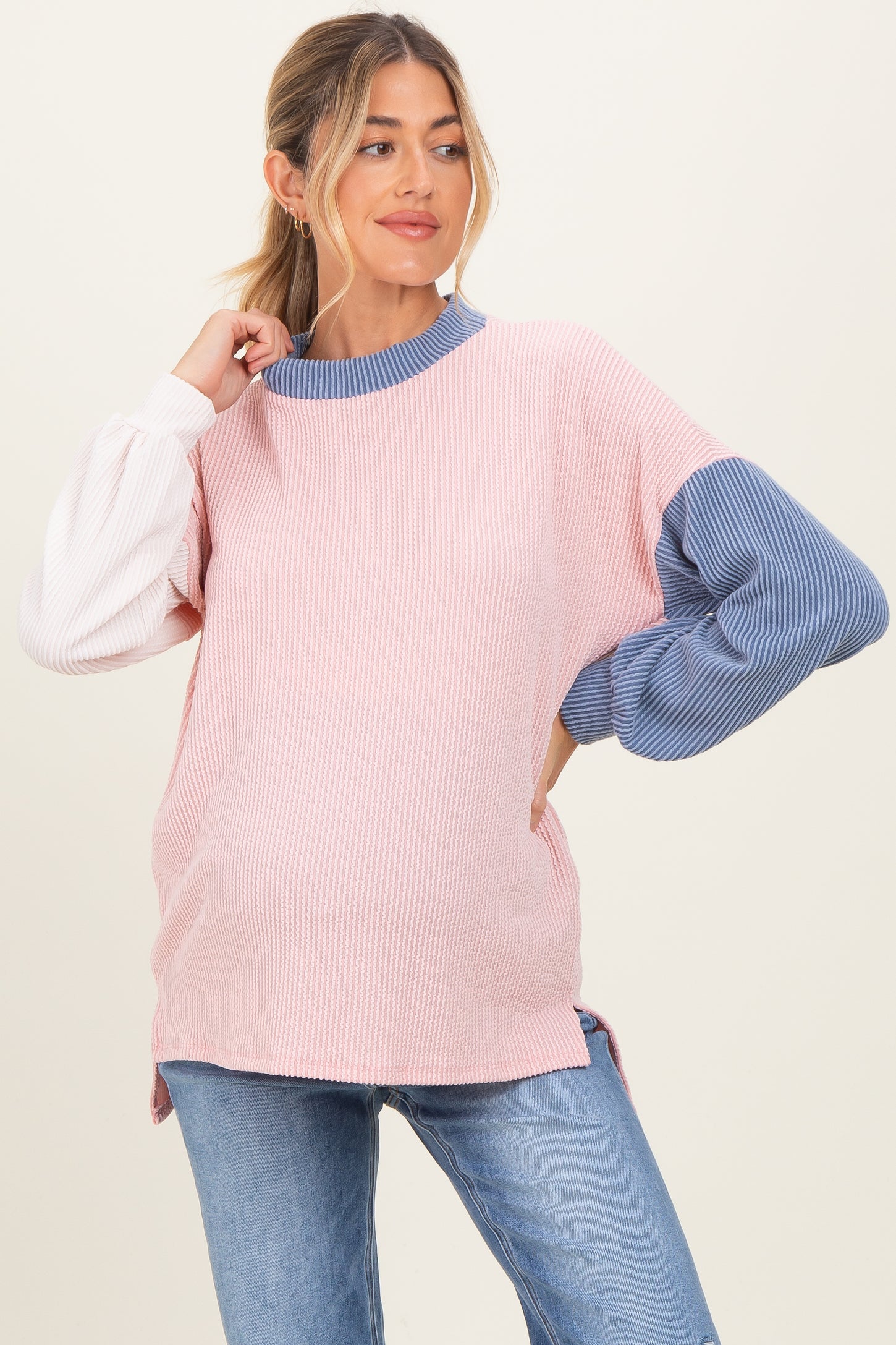 Pink Ribbed Colorblock Maternity Side Slit Top