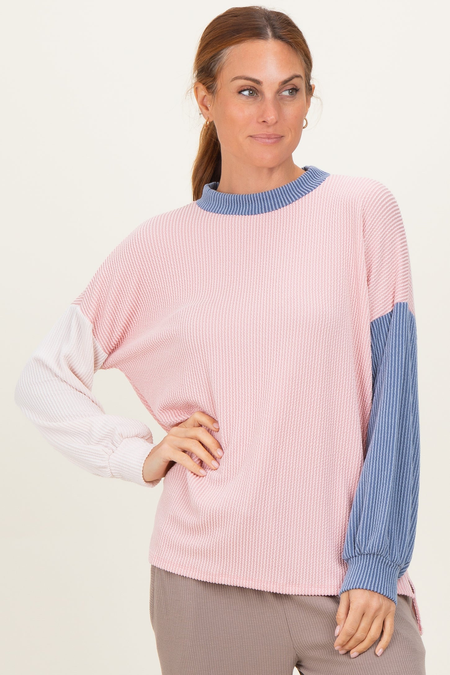 Pink Ribbed Colorblock Side Slit Top