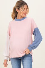 Pink Ribbed Colorblock Maternity Side Slit Top