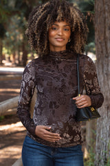 Brown Floral Velvet Mesh Long Sleeve Maternity Top