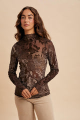 Brown Floral Velvet Mesh Long Sleeve Maternity Top