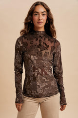 Brown Floral Velvet Mesh Long Sleeve Top