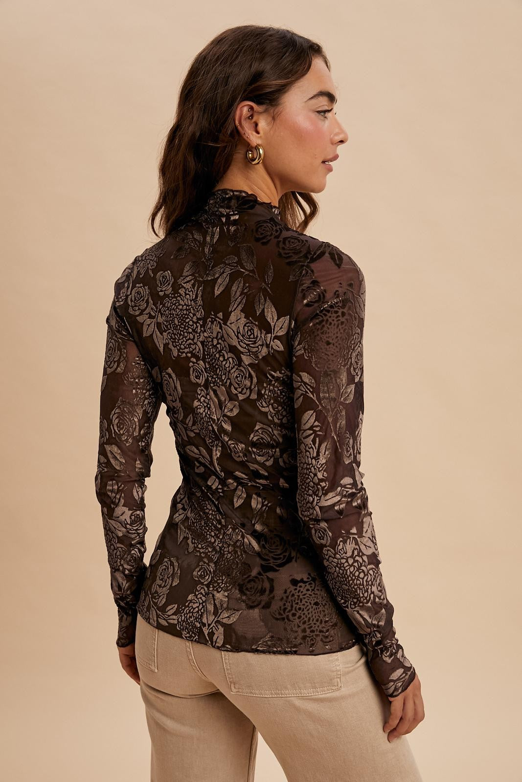 Brown Floral Velvet Mesh Long Sleeve Top