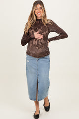 Brown Floral Velvet Mesh Long Sleeve Maternity Top