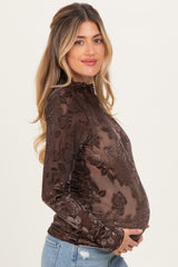 Brown Floral Velvet Mesh Long Sleeve Maternity Top